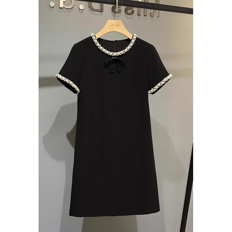 [ZOCI] French niche Hepburn style black dress women summer sense, heavy industry studded pearl, socialite