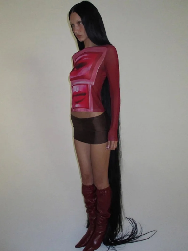 2025 Nowy japoński letni nowoczesny abstrakcyjny nadruk Cienka koszulka z długim rękawem Y2K Subculture T-shirt dla kobiet