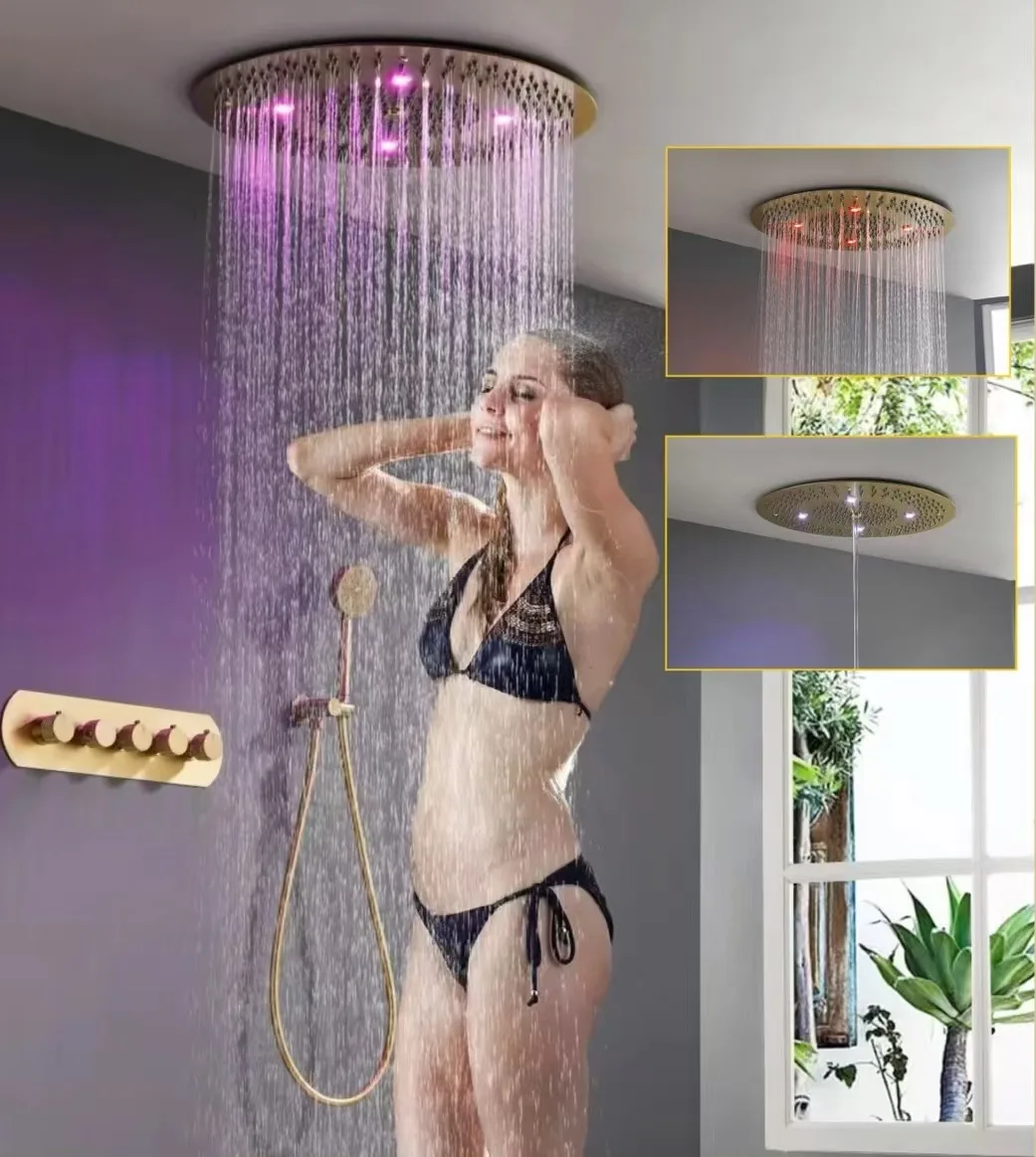 Bathroom Shower Faucet Set Ceiling Rainfall Style Brush Gold Thermostatic Brass Gray LED Shower Mixer Set New Top High quality