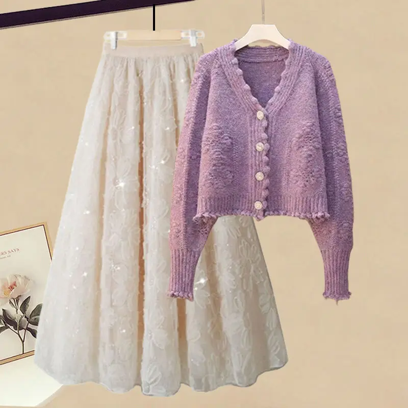 Women's Spring Autumn Fashion Sweet Outfits 2023 New Korean V-neck Knitted Cardigan Sweater Mesh Half Skirt Two Piece Set