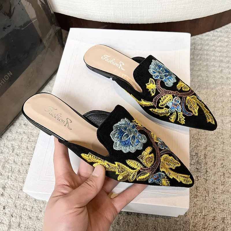 

Summers Embroidery Women Mules Slippers Luxury Fashion Elegant Pointed Toe Slides Shoes Ladies Dress Flats Sandalias2025