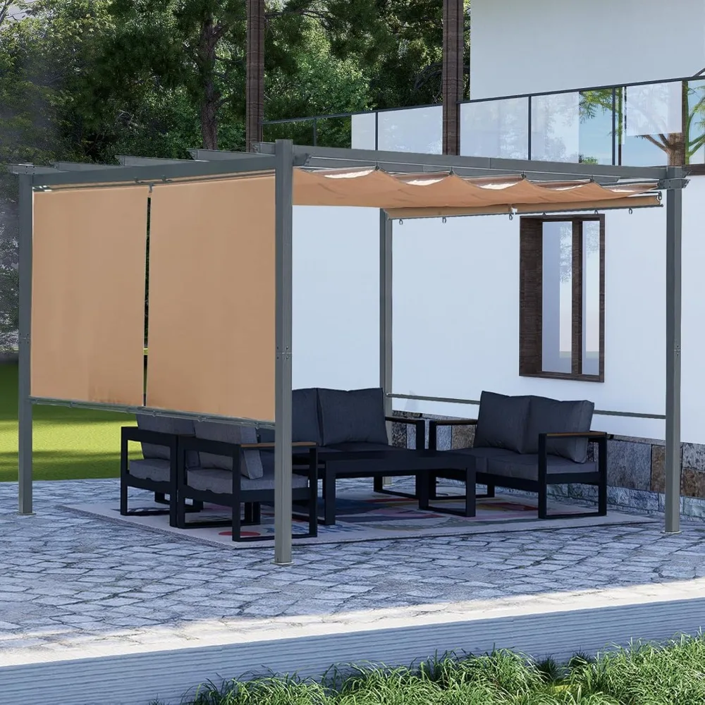 

10 x 12 ft Outdoor Pergola with Retractable Shade Canopy, Matte Aluminum Frame, 4 Roller Shade Curtains, Grape Trellis for Pati