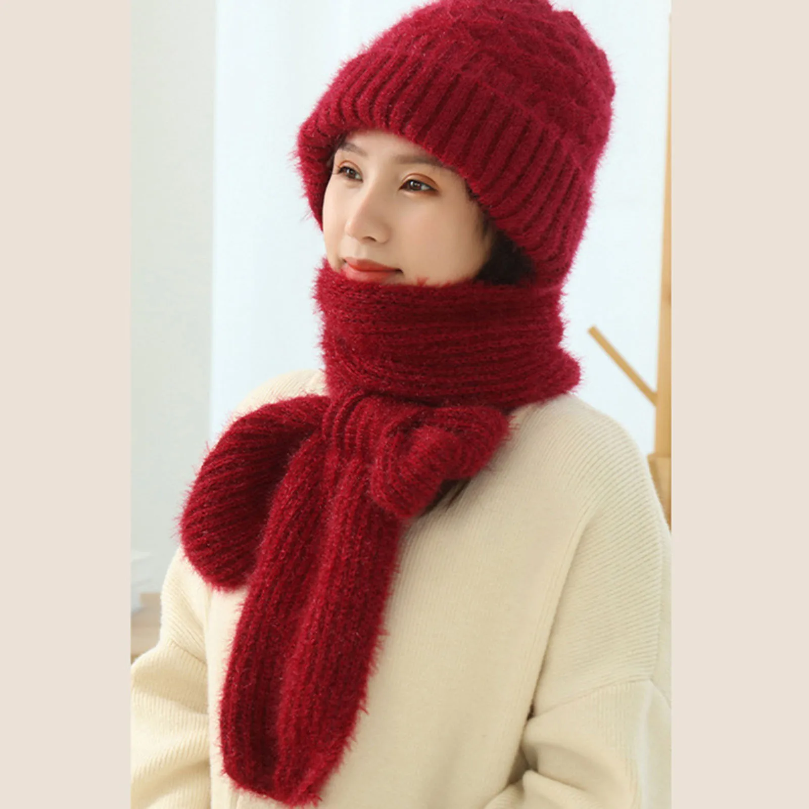 

Knited Hooded Hat Scarf Windproof Winter Knitting Thick Warm Ear Guard Hat for Woman Girs Winter Outdoor Use