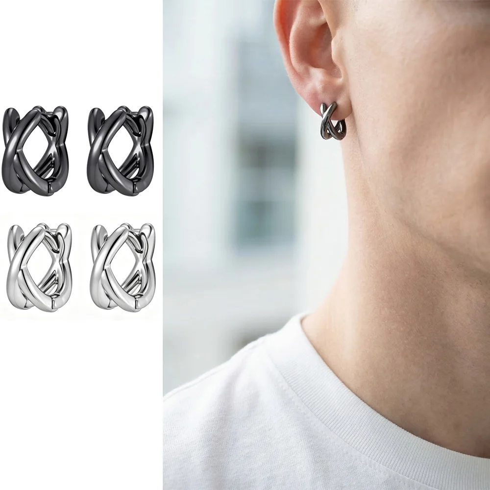 Pendientes Cruzados de Doble Aro Vnox para Hombre y Mujer, Color Cobre Negro Plateado, Ancho de 6.5mm, Aros para Orejas Perforadas, Regalos de Joyería