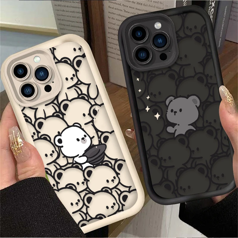 Lovely Cartoon Line Bear Case For iPhone 16 15 14 13 12 11 Pro Max X XS X S Max XR SE 2020 7 8 Plus Shockproof Silicone PC Cover