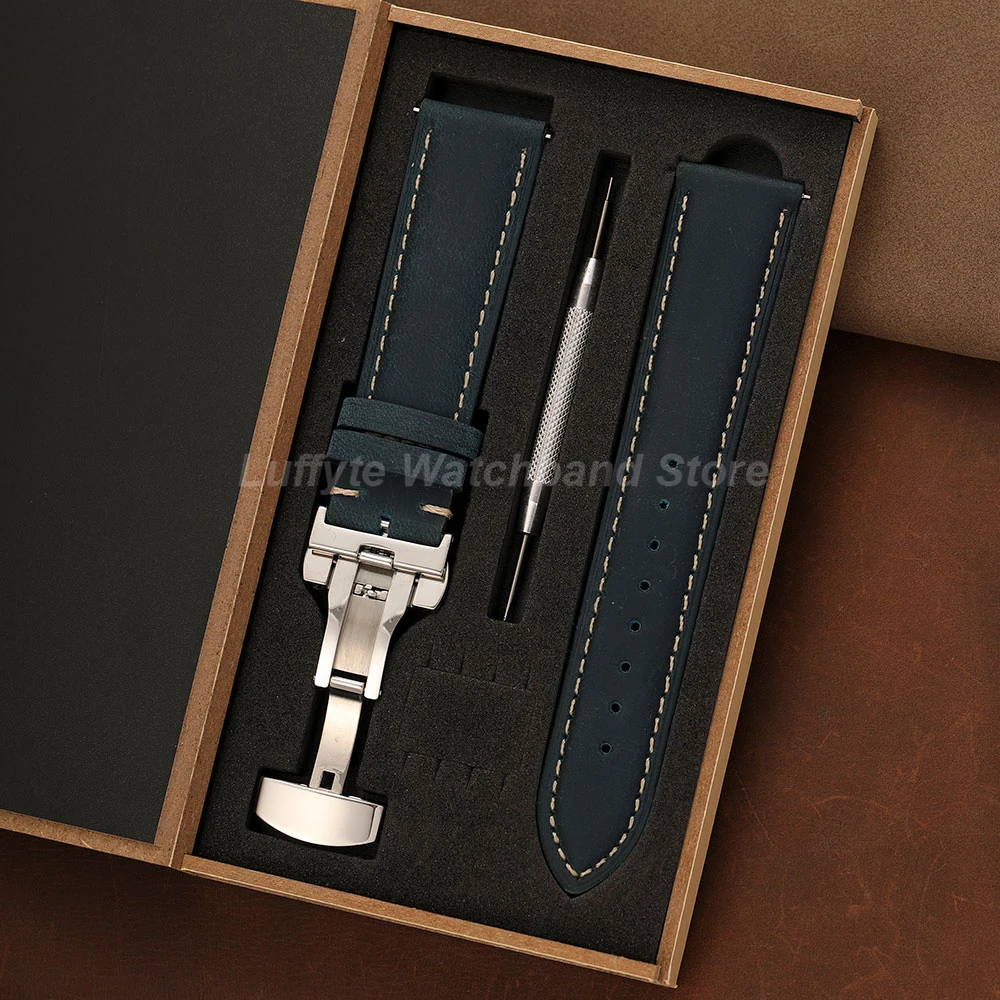 Herren Crazy Horse Leder Ersatz-Uhrenarmband 18/20/22mm Schnellverschluss Schmetterlingsverschluss Geschenkbox Modisches Komfortables Armband