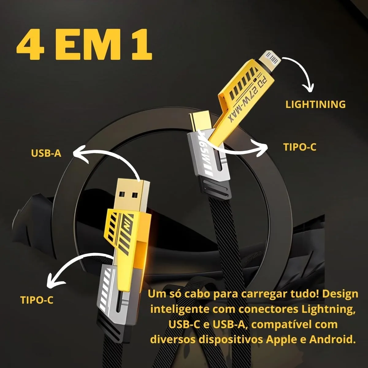 Cabo 4 em 1 Reforçado 65W Turbo com Conectores Lightning، Tipo-C e USB-A | متوافق مع iPhone وAndroid وiPad وMacBook وTable #2