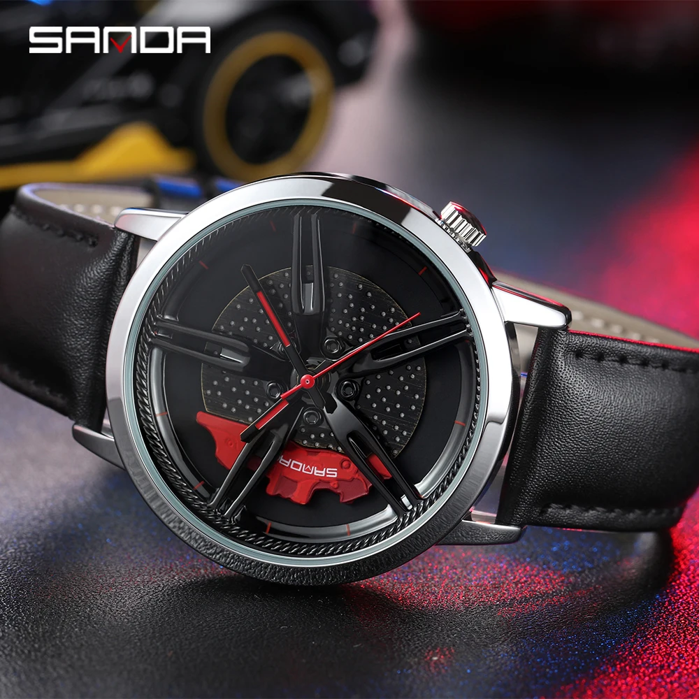 SANDA Rotation Car Hub Dial Design Fashion Quartz Watch for Men Luxury brown Leather Strap Waterproof Wristwatch P1040