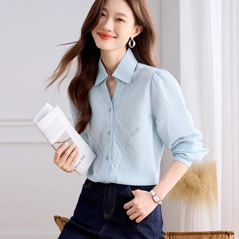 2025 Spring Autumn Women Blouse Lapel Stripe Women's Clothing Fashion Single Breasted Long Sleeves Blouses Straight Women Shirts