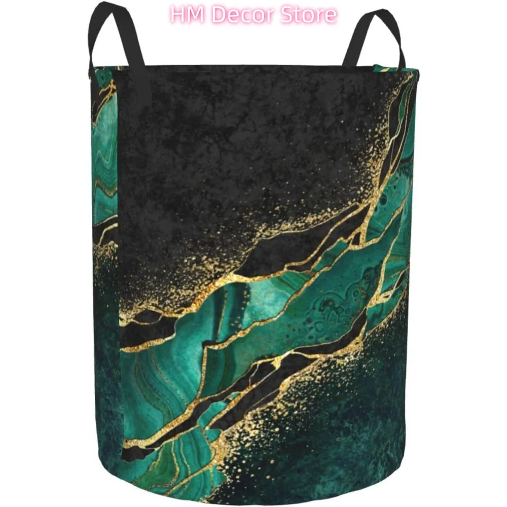 سلة غسيل من الرخام الأسود والأخضر مع عروق ذهبية مع مقبض قماش قابل للطي مقاوم للماء سلة تخزين مستديرة للخفافيش #2