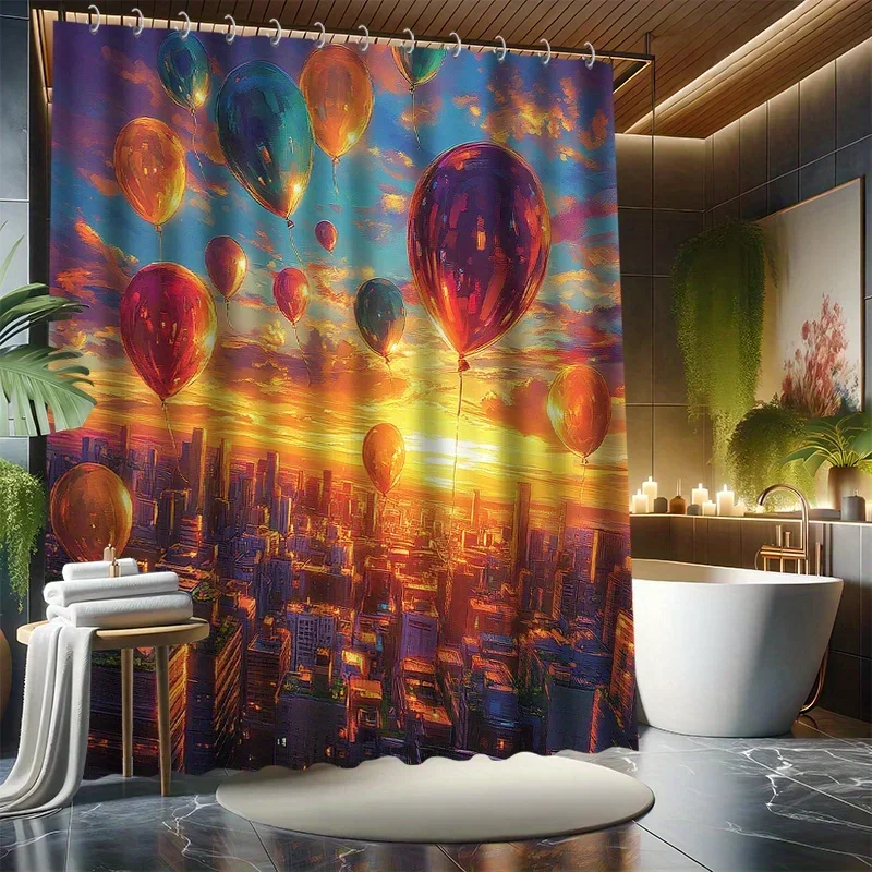 ~O~Sunset Hot Air Balloon Shower Curtain Set, City Background, 12 Hooks, Polyester, Bathtub Partition, Modern Bathroom Decor