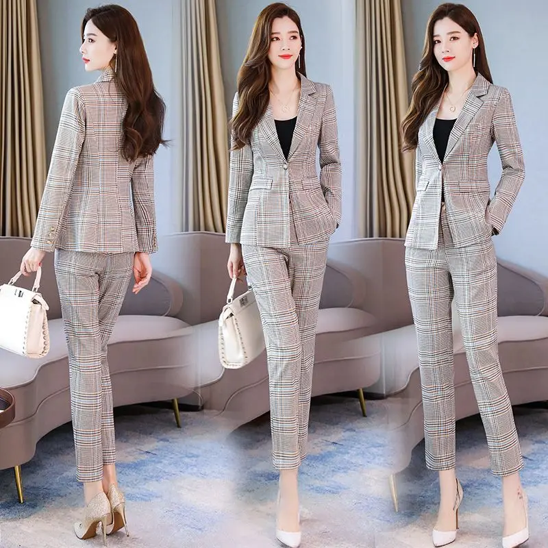 Spring and Summer Women\'s Suit 2023 New Korean Version Western-style Slim Plaid Coat Two-piece Set of Age Reducing Casual Pants