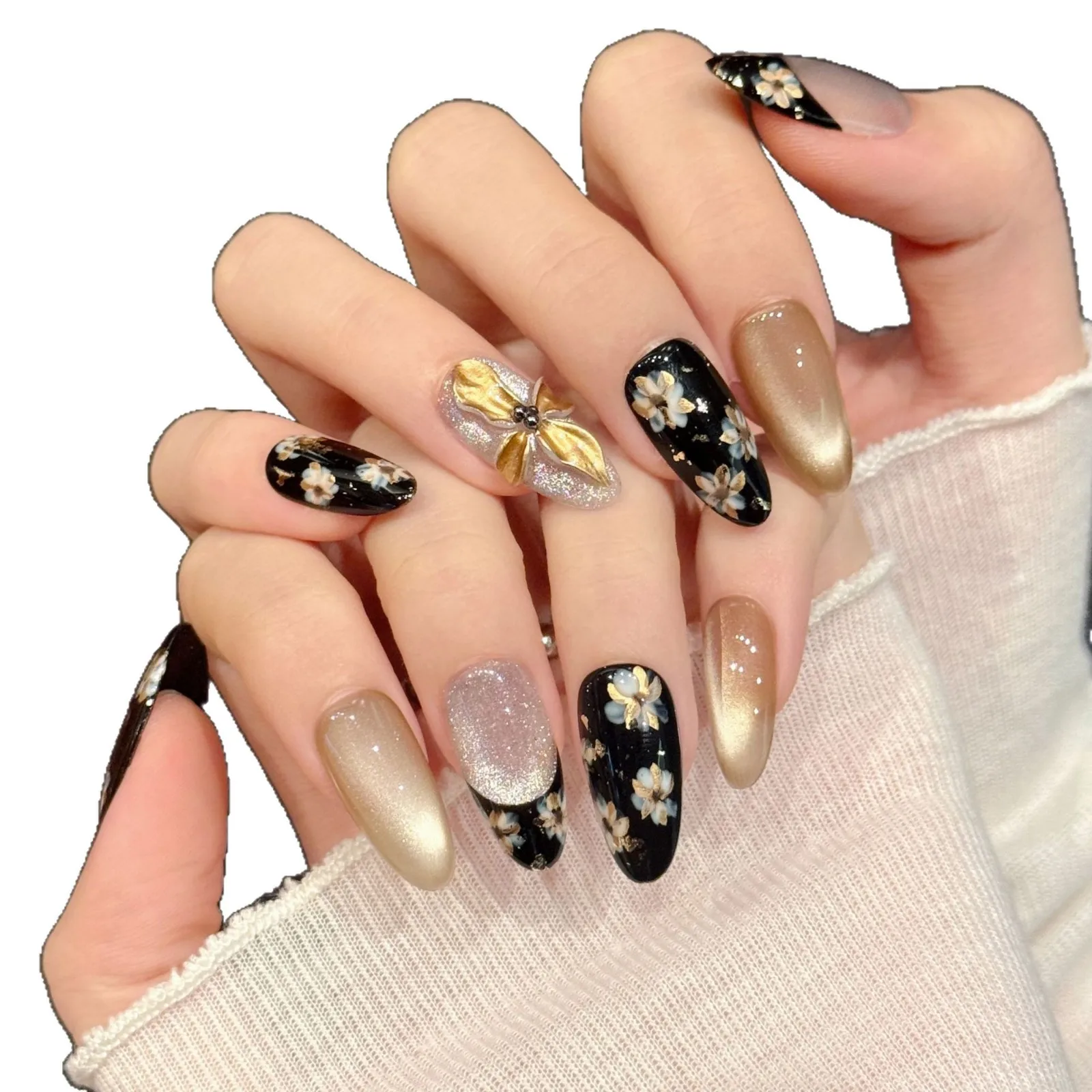 10개입 럭셔리 핸드메이드 네일 빈티지 실버 플로럴 숏 미디엄 롱 디자인 가을 프리미엄 캣아이 글리터 조각 플로럴 네일