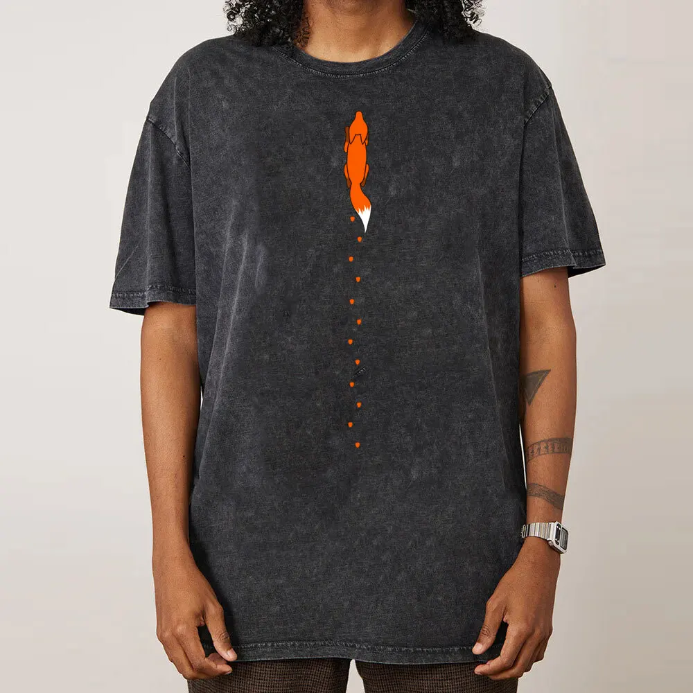 

Cartoon Running Away Fox Labor Day 100% Cotton Fabric Crew Neck Tops Tees Letter Washed Tees Graphic Washed Retro T Shirts