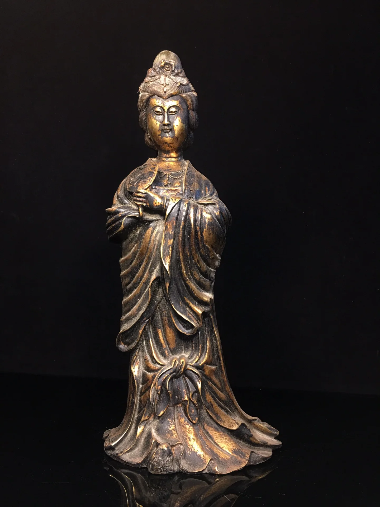 

14"Tibetan Temple Collection Old Bronze Cinnabar Mud gold Northern Wei Buddha Queen Mother of the West Statue Worship Hall