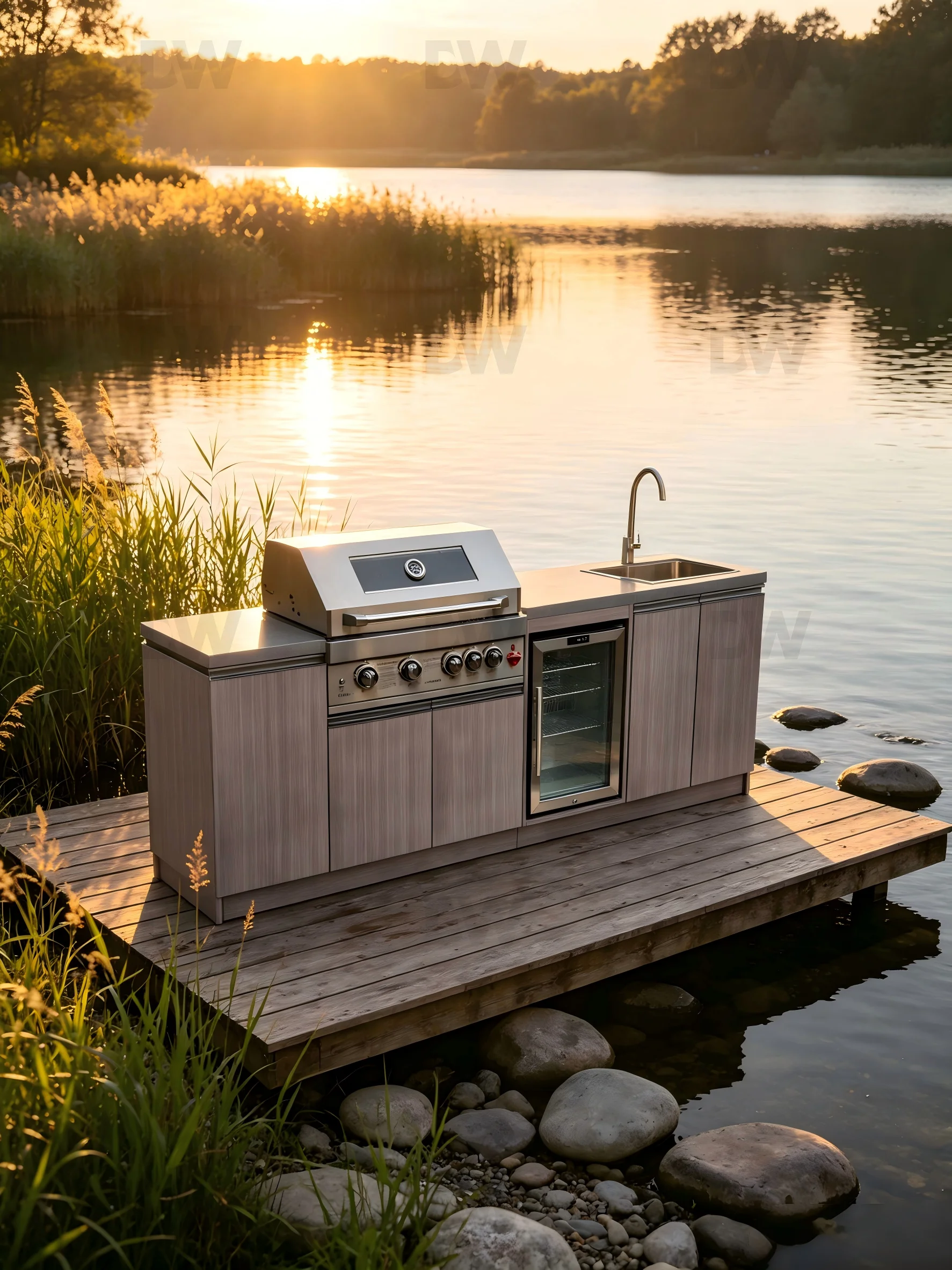 

Modern Heavy-Duty Outdoor Stainless Steel BBQ Kitchen With 5-Burner Natural Gas Grill-Backyard Cooking Station