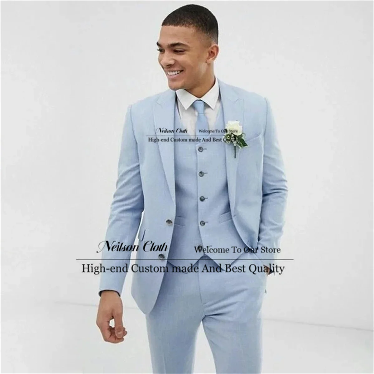 

Formal Blue Men Suits Peaked Lapel Groom Wedding Tuxedos 3 Pieces Sets Male Prom Blazers Groomsmen Slim Fit Terno Masculino