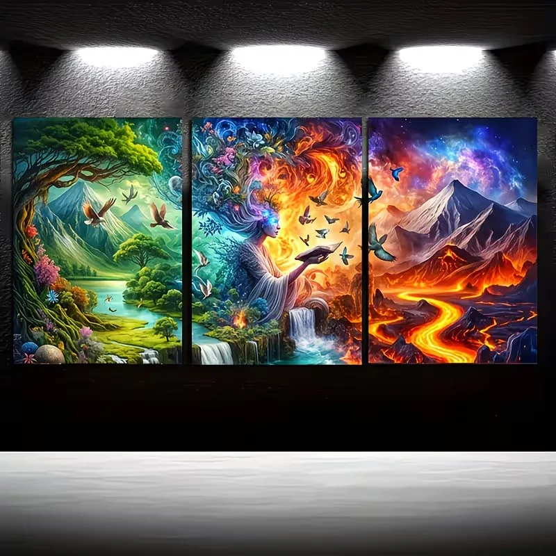 3Pcs Frameless DIY 5D Diamond Painting Kit Goddness Volcano Mountain Green Landscape Full Drill Mosaic Diamond Embroidery Art