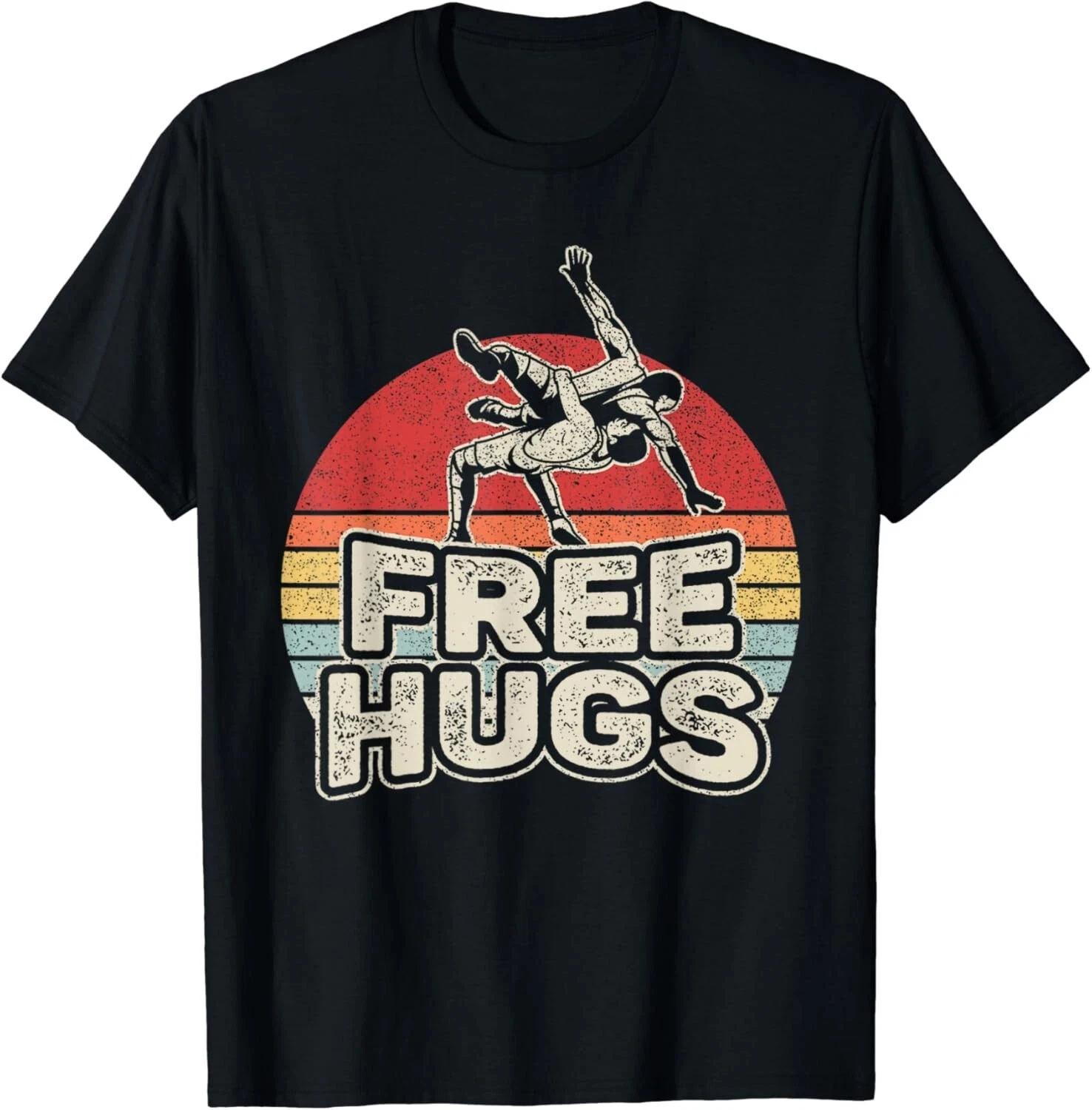 Vintage Free Hugs Wrestling Print T Shirt Men Short Sleeve Soft Cotton Sports Lover Casual Streetwear Tee Tops
