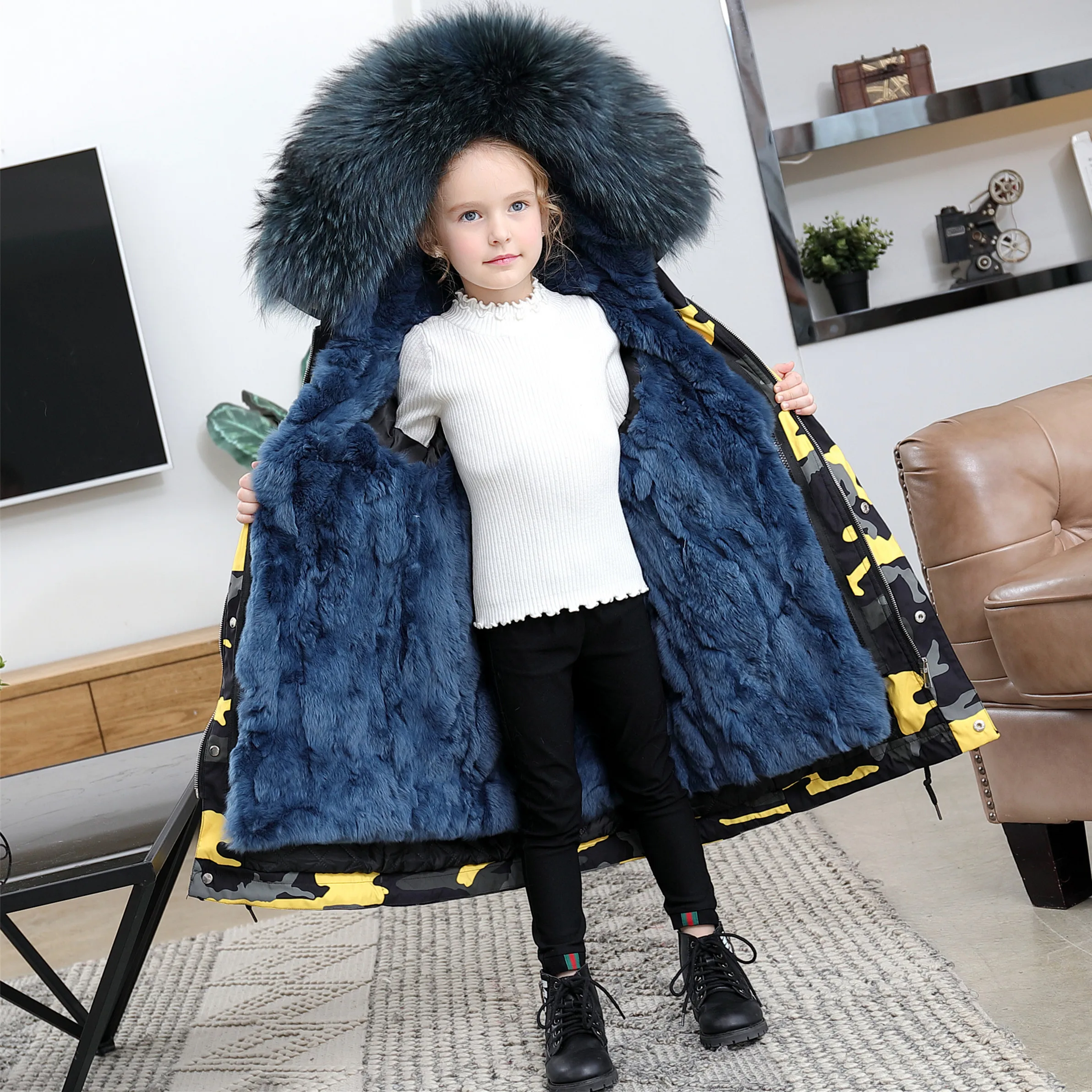 

Children's Fur Coats Raccoon Fur Hooded Camouflage Parka Winter Boys Girls Fashion Warm Rex Rabbit Fur Lined Long Outerwear