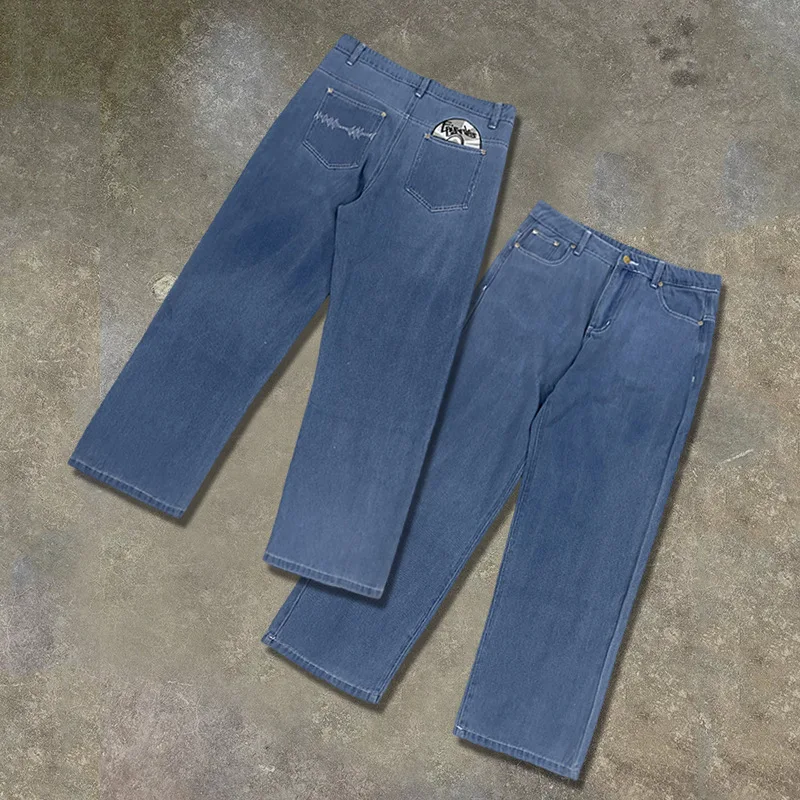 

2026 New Arrival Women Y2K Baggy Wide Leg Jeans Light Blue Vintage Washed Print Pocket Loose Straight Denim Pants