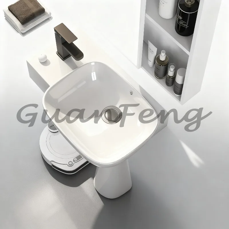 Floor Standing Ceramic Pedestal Basin Narrow Long Sink Integrated Countertop Balcony Bathroom