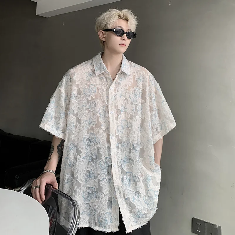 Transparent Floral Handsome Shirts Summer Thin Fashion Casual Streetwear Loose Shirt Breathable Short Sleeve Men\'s Clothing