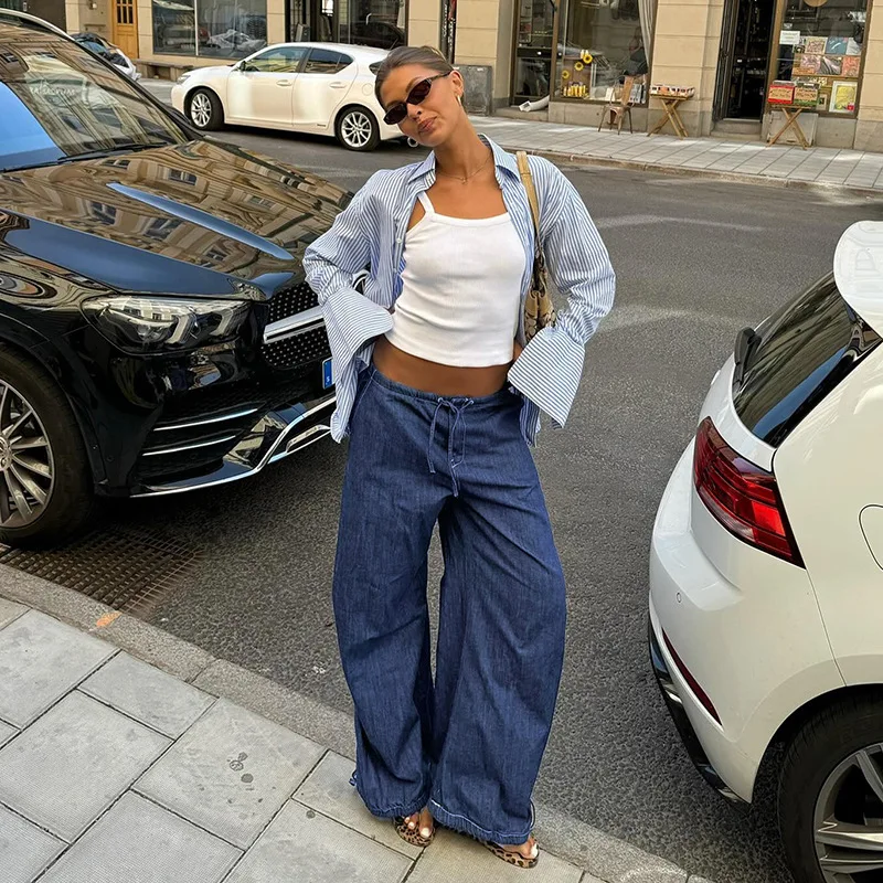 

Ретро уличный стиль, эластичный пояс, прямые брюки с низкой талией, индивидуальные женские свободные плиссированные повседневные брюки для девочек