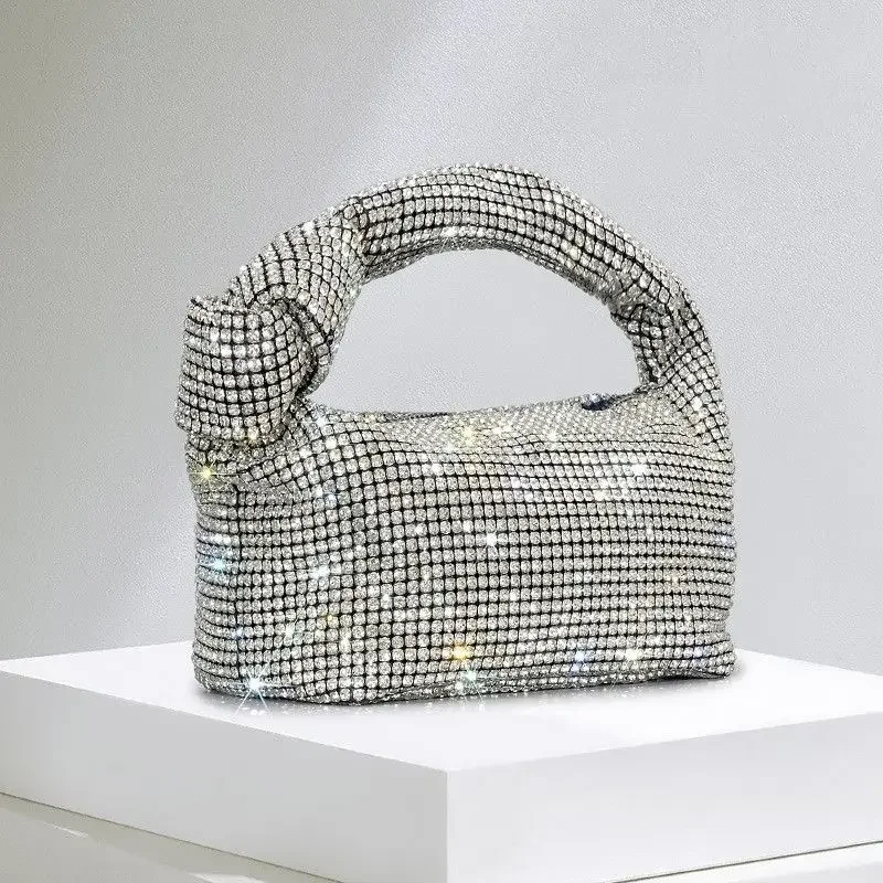 Bolsos de noche con nudo de diamantes de imitación para mujer, bolso de mano con asa superior de cristal plateado, monederos y bolsos de diseñador de lujo