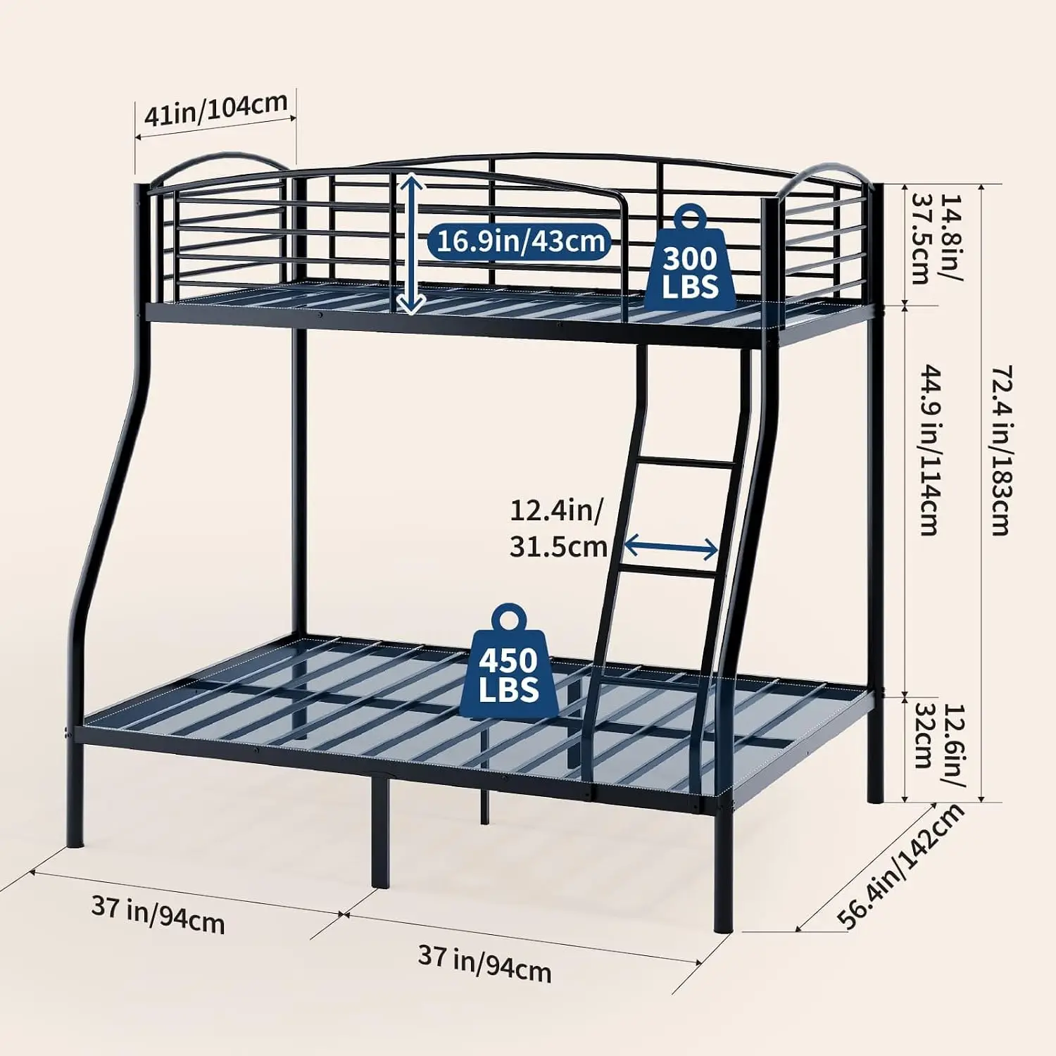 Twin Over Full Bunk Bed, Heavy Duty Metal Bed Frame | with Ladder & Guardrail, No Box Spring Needed, Space-Saving, Customized