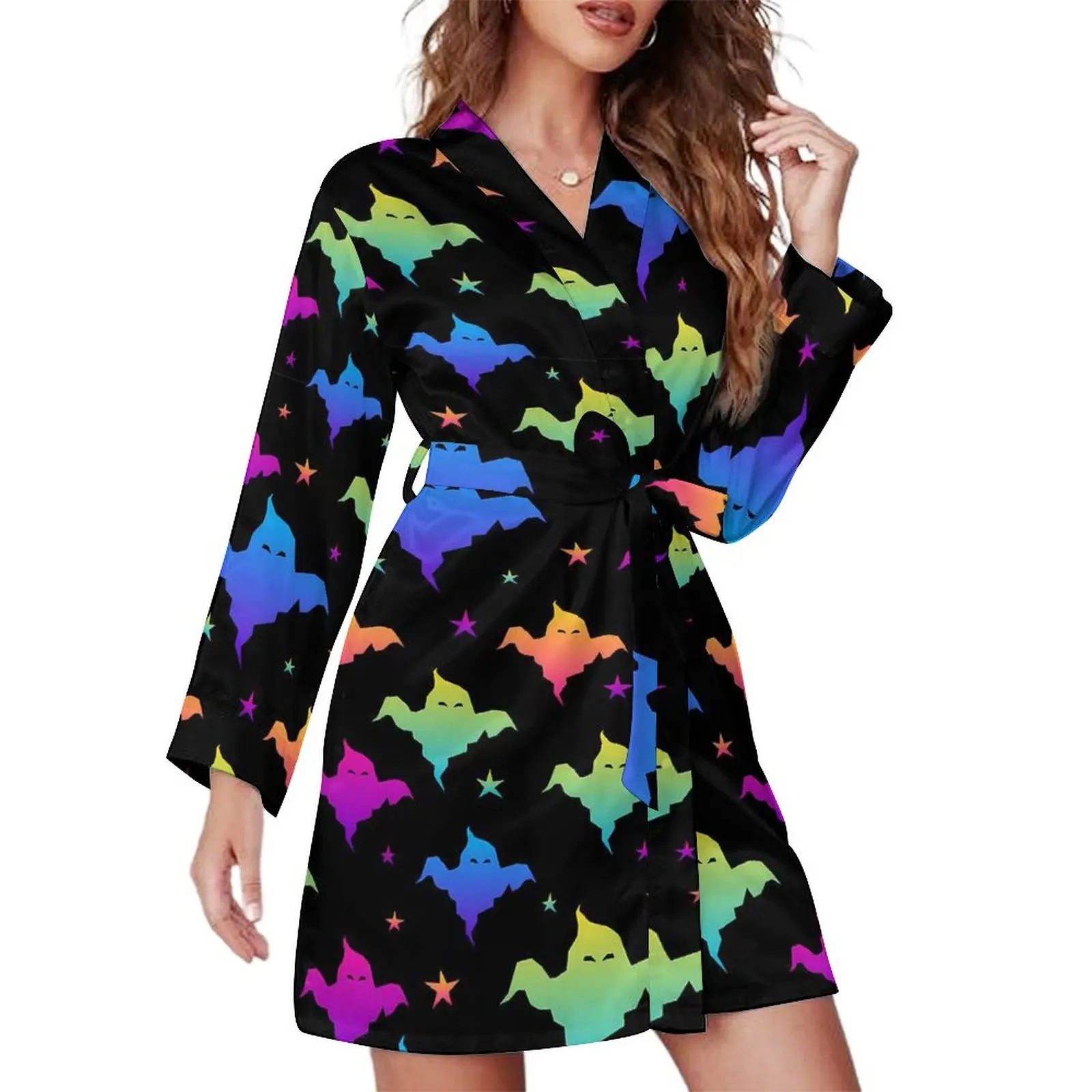 Cute Halloween Pajama Robe Colorful Ghosts Long Sleeve Casual Pajamas Robes Women V Neck Soft Sleepwear Autumn Custom Dress