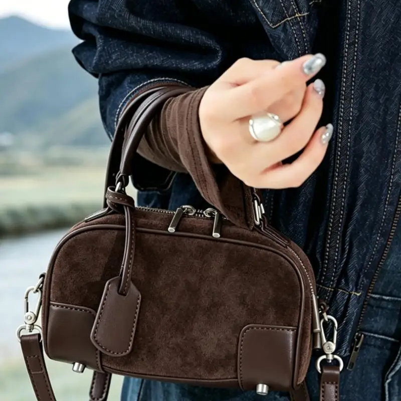 Women's Natural Suede Leather Mini Boston Handbag Luxury Designer Matte Nubuck Contrast Leather Trim Top Handle Crossbody Bag