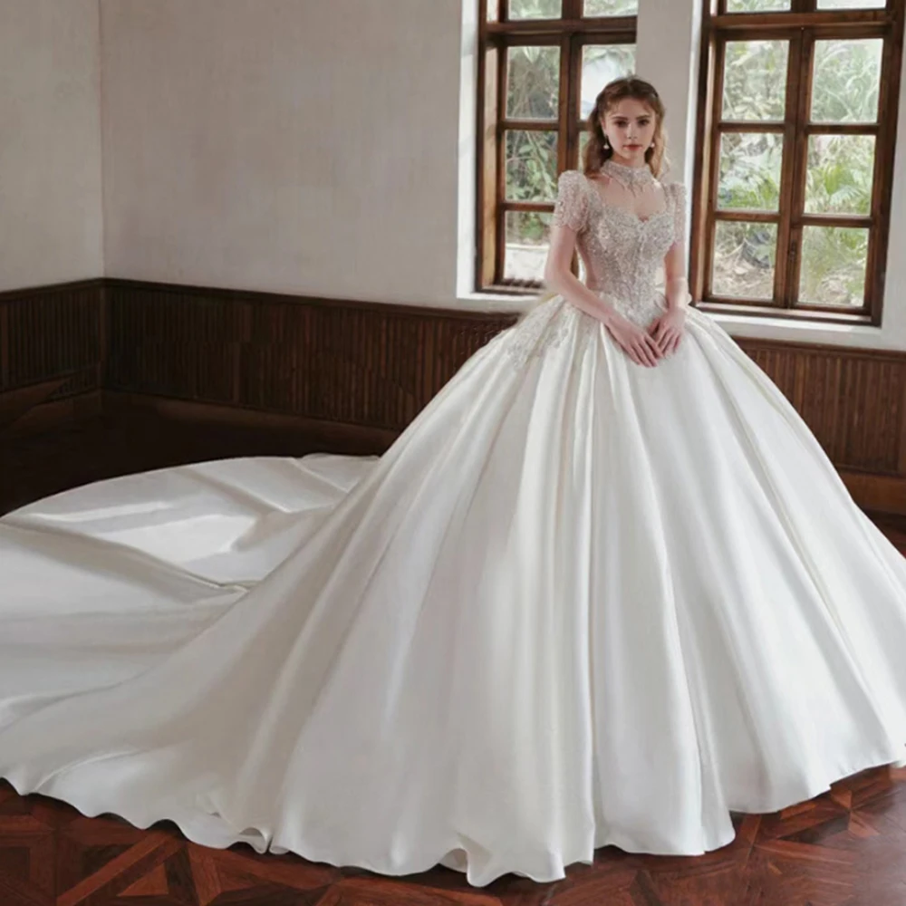 تخصيص ZJ4052 سباركلي كم طويل فستان الزفاف جديد بسيط زائدة الساتان الدانتيل والتطريز فساتين زفاف Vestido Noiva Plus #1