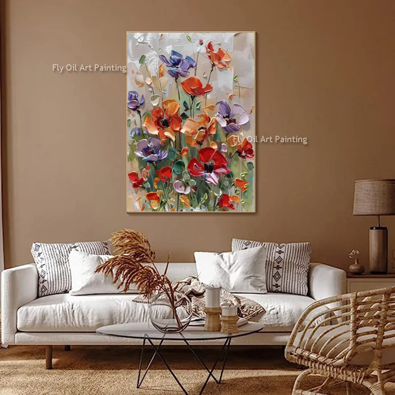 Purple Orange Red Flowers Knife Thick Oil Painting Blooming Flowers Artwork Modern Floral Plants Canvas Painting For Home Decor