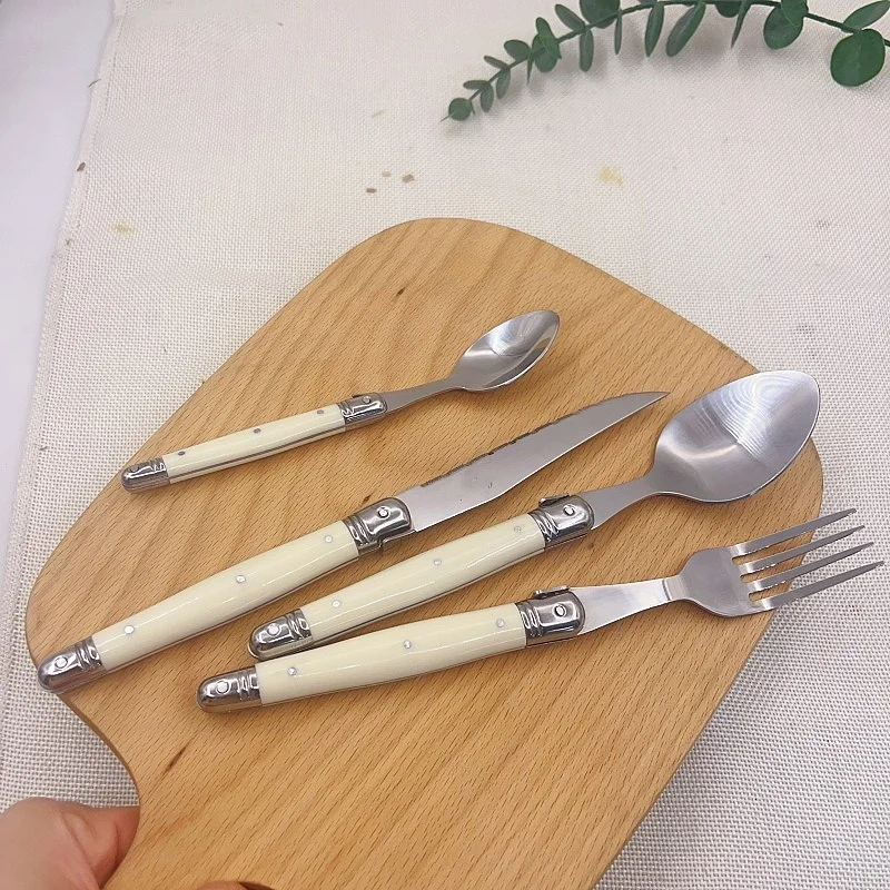 4/6/24Pcs Laguiole Cutlery Ivory White Steak Knives Forks Dinner Spoon Teaspoon Stainless Steel Tableware Korean Dinnerware set