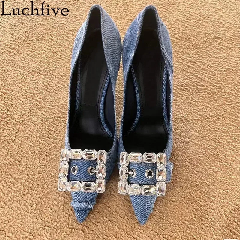 

Old Denim Thin High Heels Shoes Women Pointy toe Crystal Buttons Decorate Stiletto Shoes Summer Sexy Brand Dress Shoes Mujer