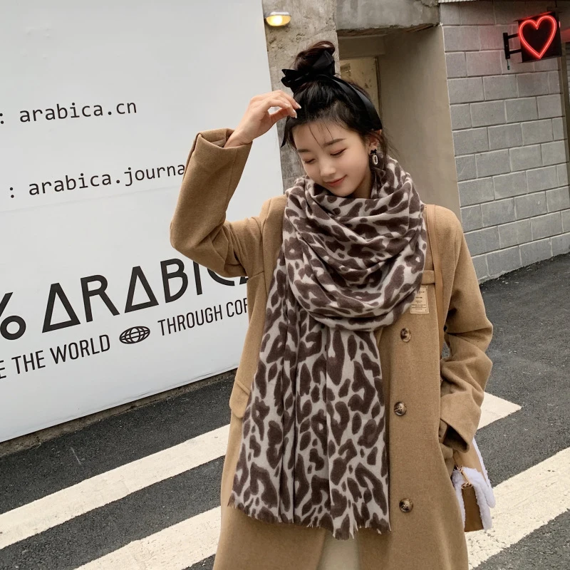 Elegant Scarf For Women Imitation Cashmere Vintage Wild Leopard Winter Double Sided Warm Female Thick Blanket Long Wrap Shawl