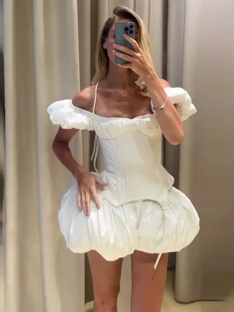 Puffärmel-Korsett-Tops und kurze Hosen-Sets für Damen, sexy Schnür-Tops mit Taillenbetonung, plissierte Shorts, charmante Partykleidung für Damen – Detail 9