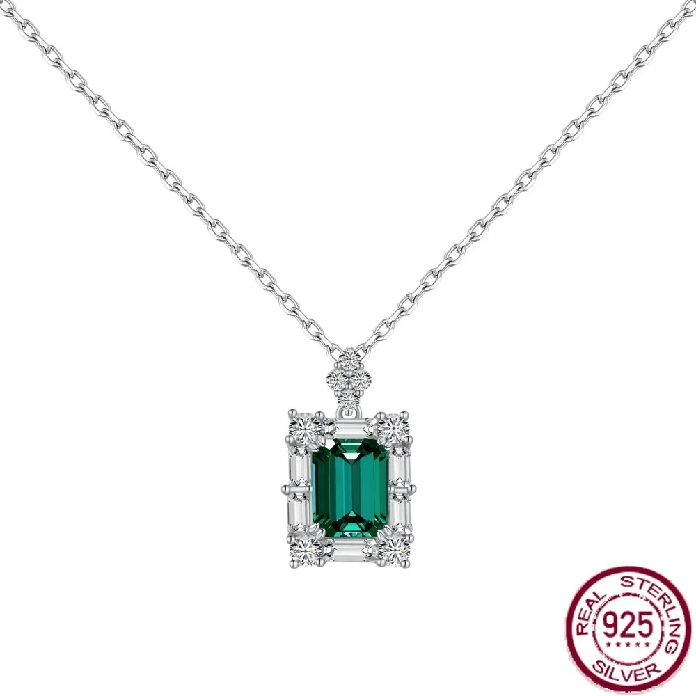 

European and American S925 sterling silver necklace geometric pendant design with emerald main stone inlaid wedding jewelry
