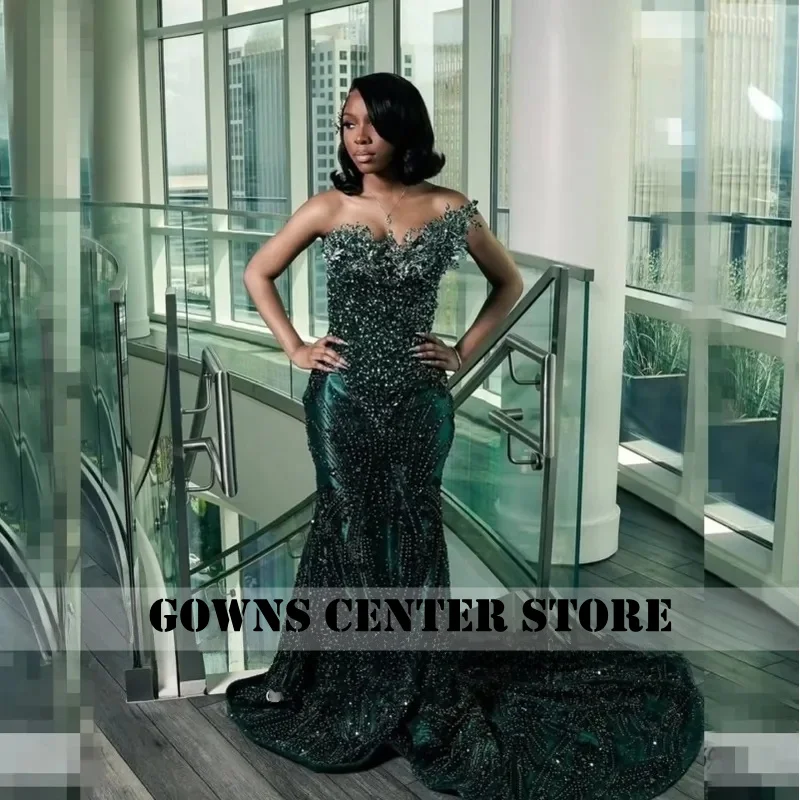 

Elegant Deep Green Prom Dresses Luxury 2026 Beading Black Girls Matric Dance Party Gown Crystal Mermaid Evening Dress Customized