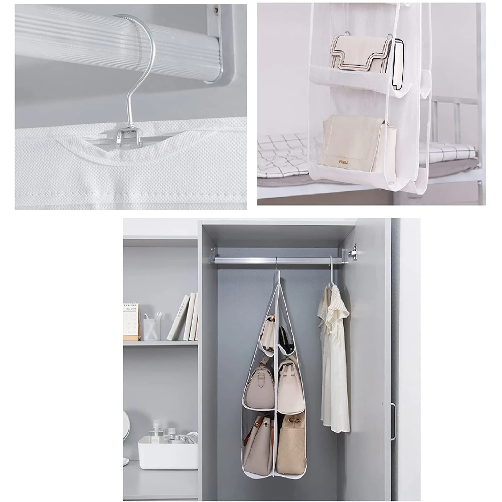 Handbag Hanging Organizer Foldable Hanging Bag Shelf Non-woven Clothes White Purse Handbag Storage Home Bedroom Closet Hanger