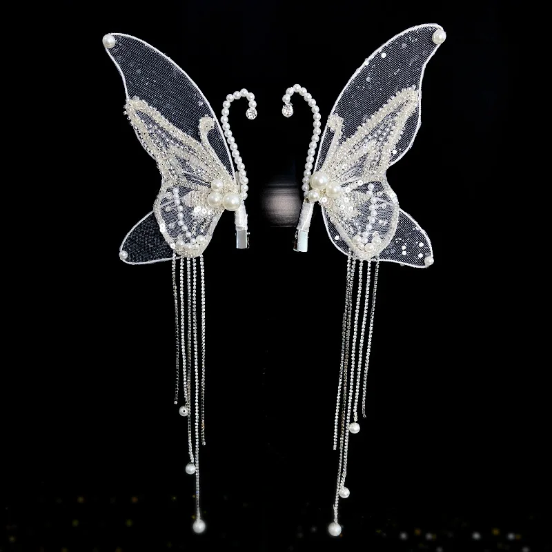 New Bridal Headdress Handmade Pearl Tassel Butterfly Barrettes Korean Style Wedding Bridal Gown Hair Styling Accessories