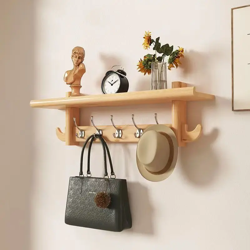 Wall-Mounted Solid Wood Coat Rack Rustic Entryway Organizer with Shelf & Hooks Multifunctional Living