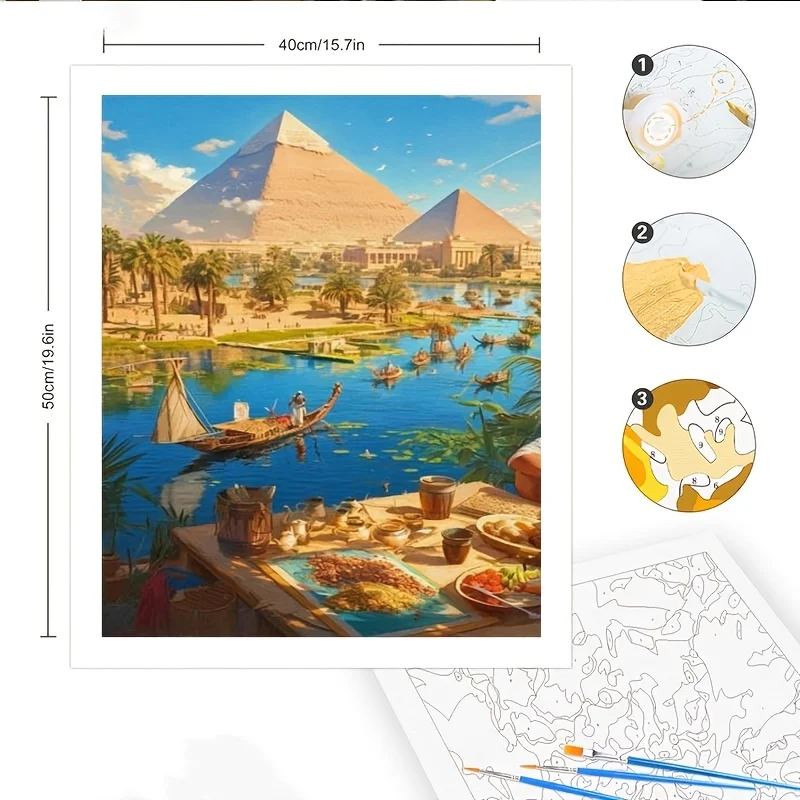 A Digital Painting Kit, Professional Art Use 'Egyptian Pyramid Landscape with Food And Boat Scene' Allows You to Express Your Th