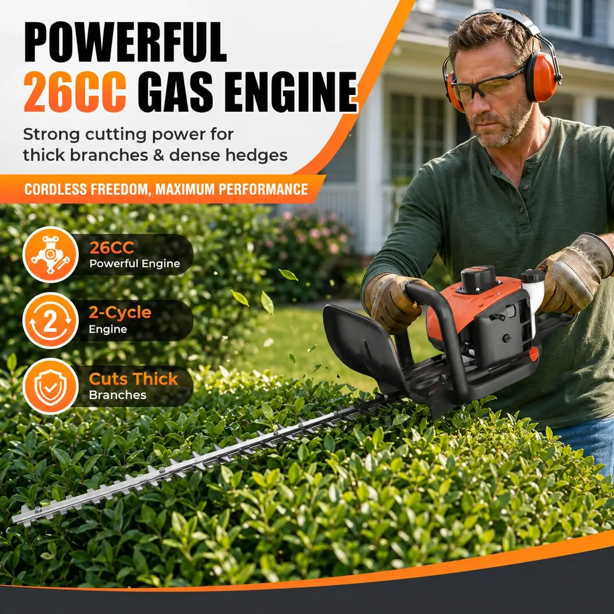 Gas Powered Hedge Trimmer Bush Tree Trimmer 43CC 2-Cycle with Pole Saw 24-Inch Dual-Action Blade Long Reach Multi-Function Tool for Lawn & Landscaping