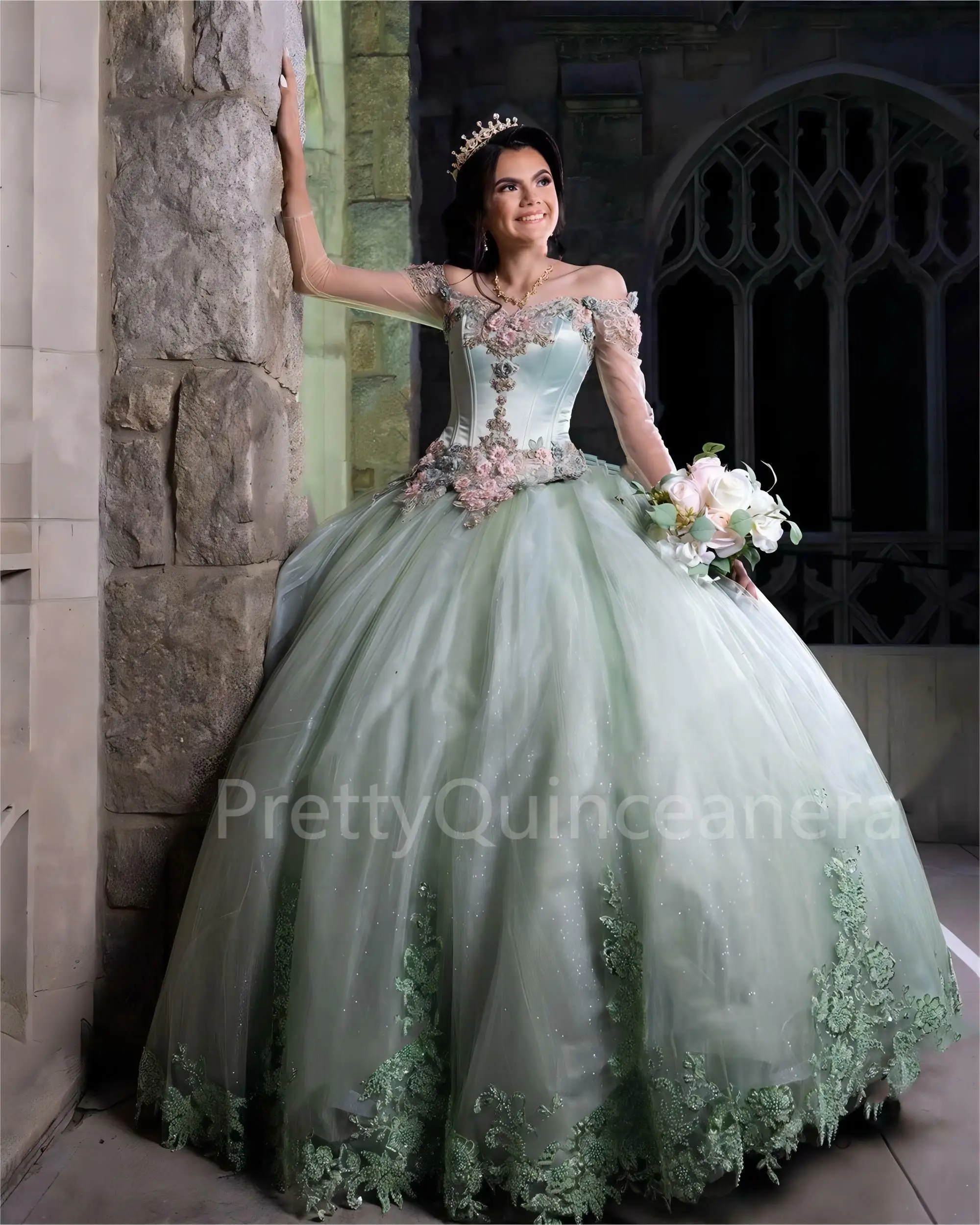 Full Sleeves Off the Shoulder Sage Quinceanera Dress with 3D Flowers and Big Bow Beaded Appliques Vestidos de Quinceañeras