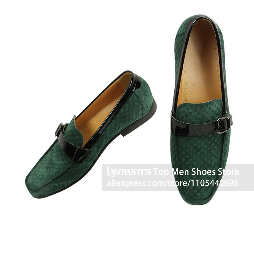 Checkered Suede Buckle Loafers Men's Emerald Green Grid Embossed Slip on Dress Shoes Shiny Silver Metal Buckle Hardware Loafers