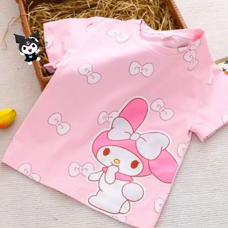 كورومي بنات أنيمي تي شيرت سانريو صيف جديد سينامورول ميلودي الكرتون قصيرة الأكمام الأطفال Kawaii الراحة لينة ملابس علوية من القطن