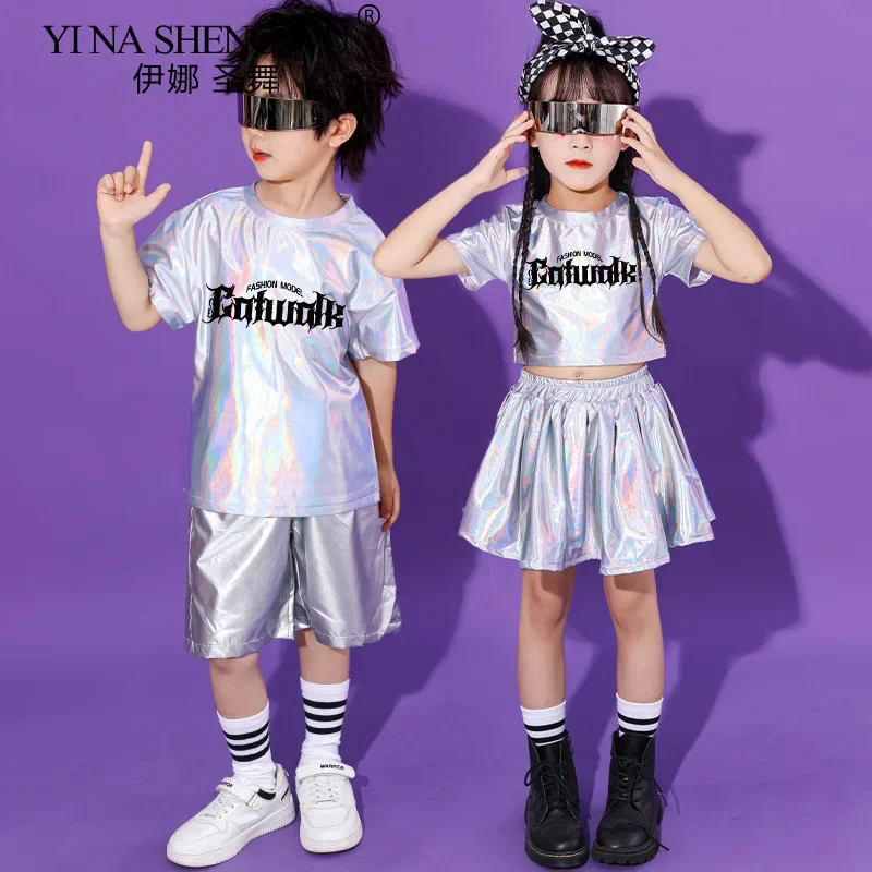 Conjunto de baile de Jazz de Hip Hop metálico para niños y niñas, camiseta plateada, pantalones cortos, falda, puesta en escena de porristas, Ropa de baile para niños