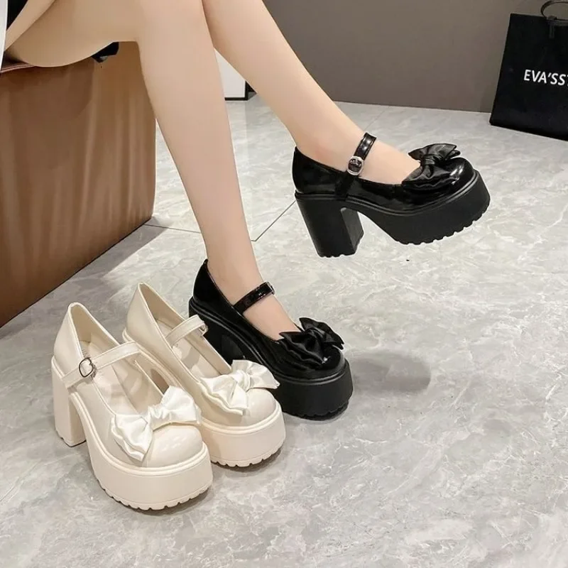 White Round Toe Platform High Heels Women Mary Jane Shoes Retro Bows Elegant Chunky Heel Women's Wedding Shoes